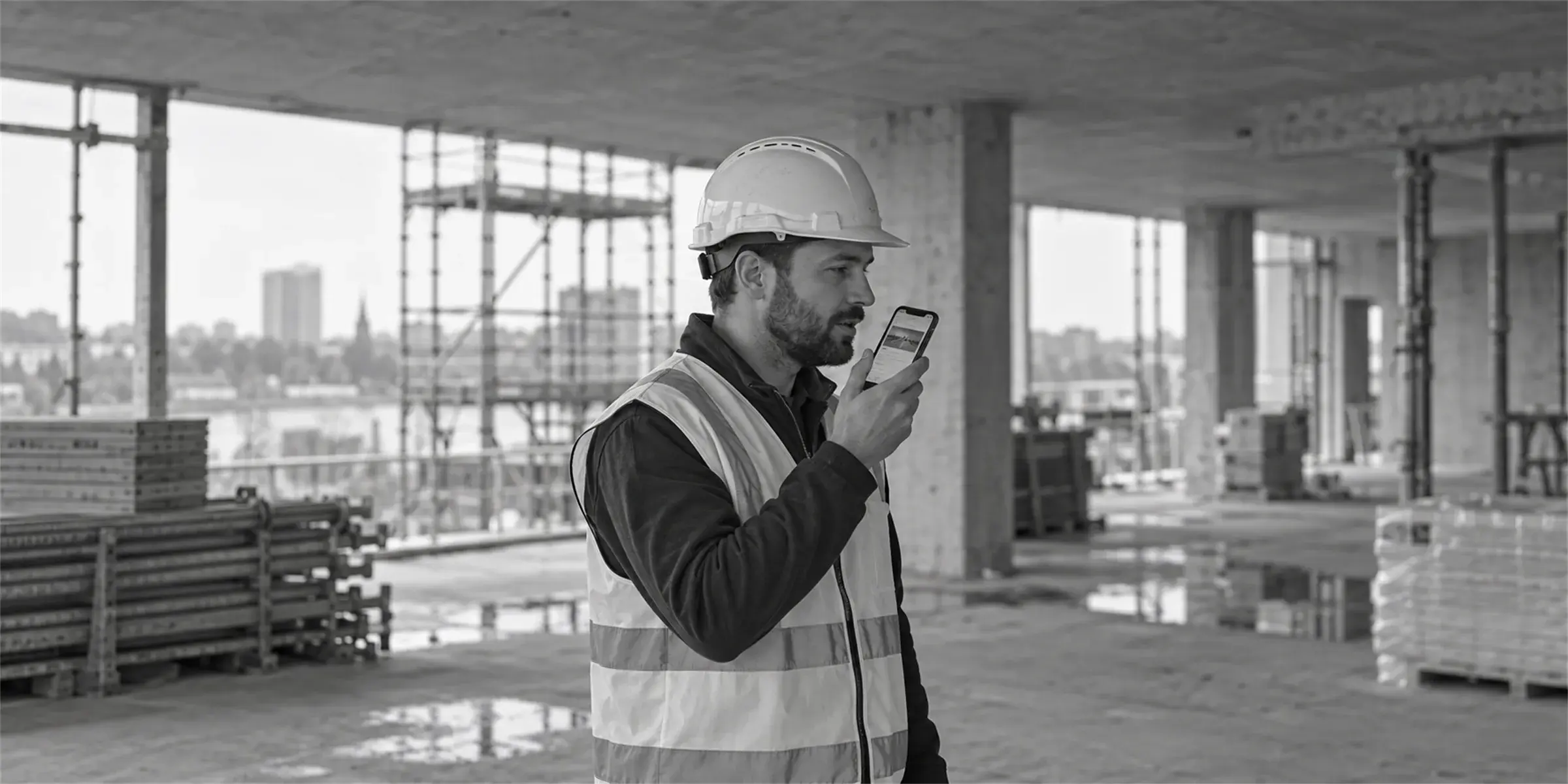Ein Bauleiter mit Helm und Warnweste spricht auf der Baustelle eine Beobachtung in sein Smartphone, auf dem Display der entstehende Eintrag