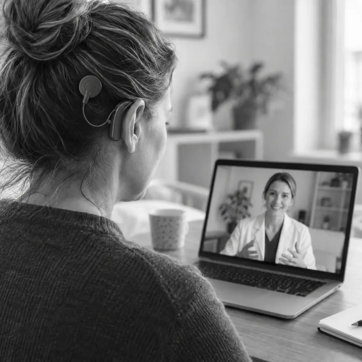 Eine Person mit Cochlea-Implantat führt ein Beratungsgespräch per Video am Laptop