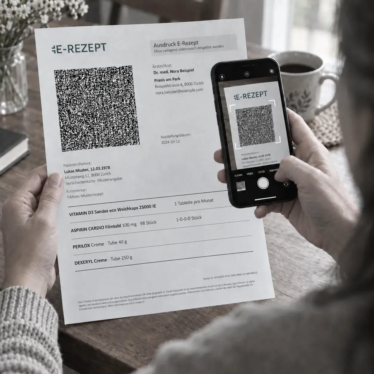 Ein Smartphone scannt den QR-Code auf einem ausgedruckten E-Rezept