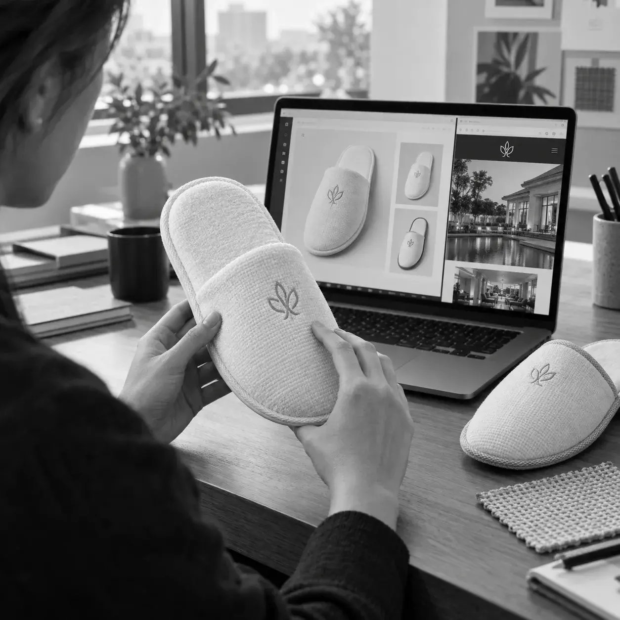 Slipper-Muster werden mit Produktentwürfen und Materialvarianten auf einem Laptop verglichen