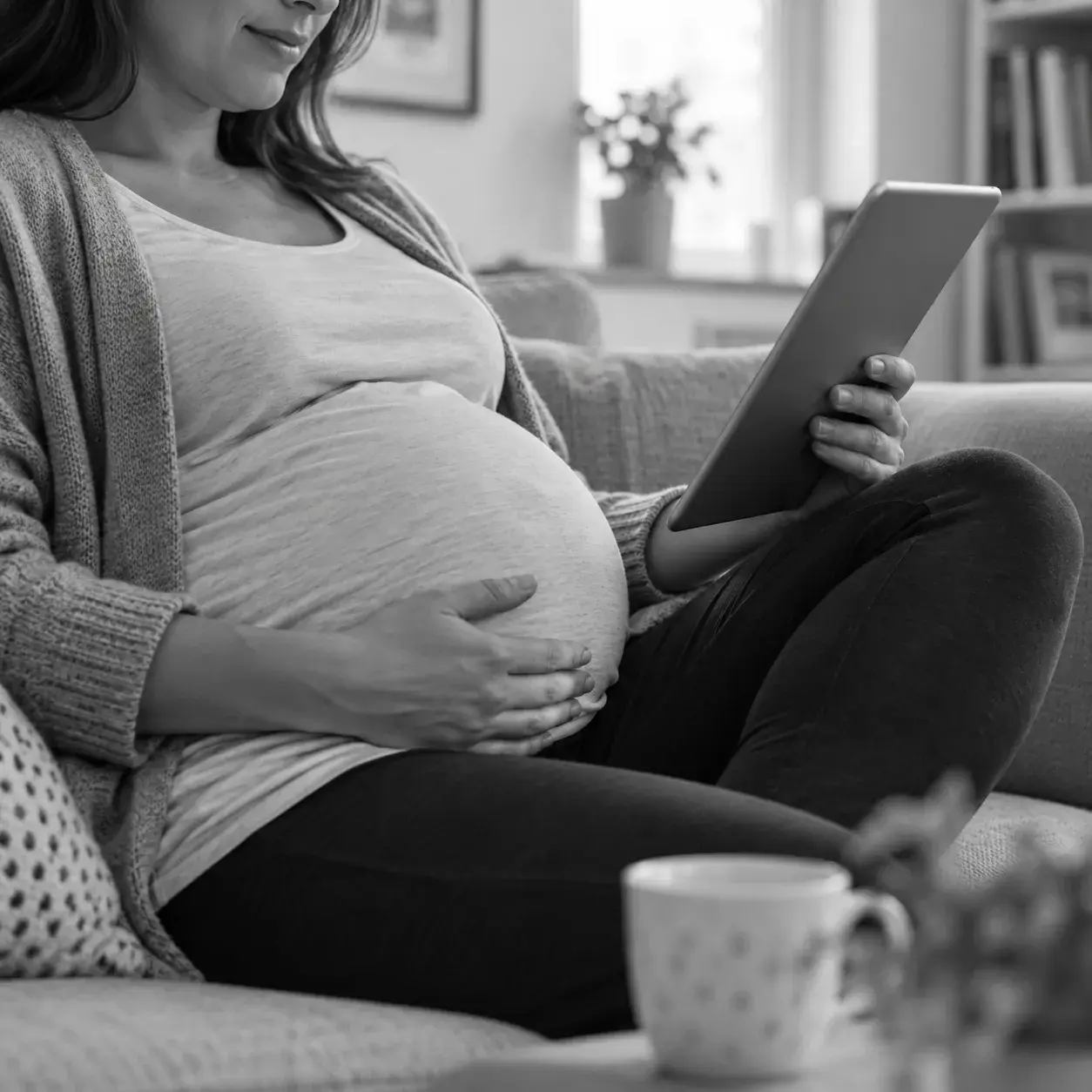 Eine schwangere Frau liest Informationen auf einem Tablet