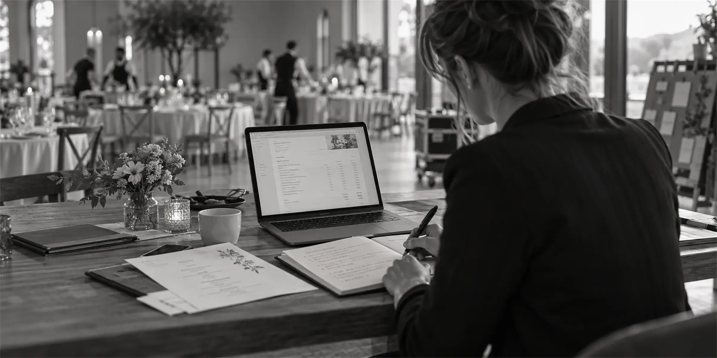 Offertenentwurf für einen Event vorbereiten Eine Frau bereitet am Laptop einen Offertenentwurf mit Positionen und Preisen vor, daneben Gesprächsnotizen und ein Menüblatt, im Hintergrund ein eingedeckter Saal